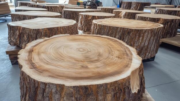 Large Number of Round Cut Tree Trunks Sitting in Warehouse Ready for Shipping photo