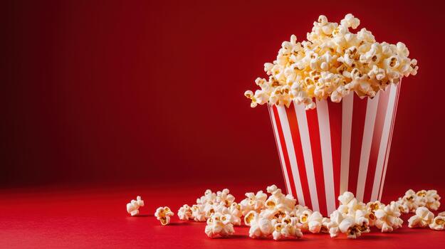 palomitas de maiz desbordante desde un clásico rojo y blanco a rayas envase foto