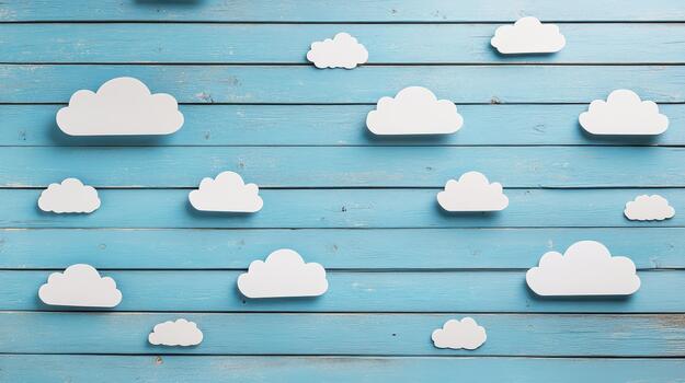 White Clouds on Blue Wooden Background Creating Bright Backdrop photo
