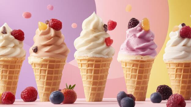 Colorful Soft Serve Ice Cream Cones With Fresh Berries on Pastel Background photo
