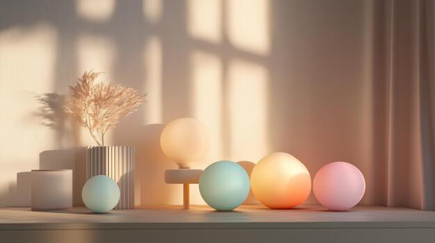 todavía vida con luz, geométrico formas y seco flores en el tarde foto