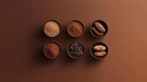 diferente formas de cacao desplegado en pequeño oscuro bochas en un marrón antecedentes foto