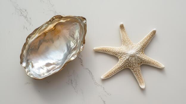 Mother of Pearl Shell and Starfish Lying on White Marble Surface in Studio photo