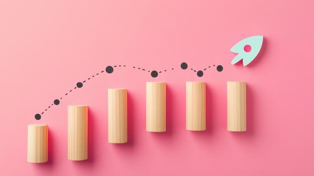 Growth Chart With Wooden Blocks and Paper Rocket on Pink Background photo