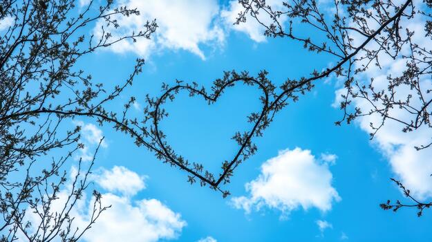 Looking up at Heart Shape Formed by Tree Branches Against Blue Sky photo