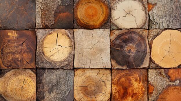 Close up View of Patterned Squares Shows Wood Cross Sections and Tree Bark photo
