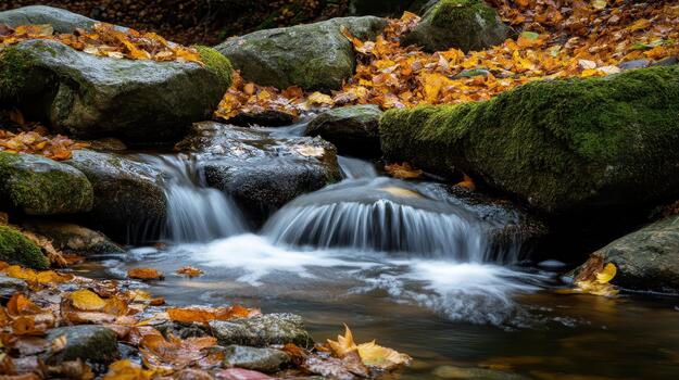 Gentle Stream Flows Over Rocks in an Autumn Forest Setting With Fallen Leaves photo