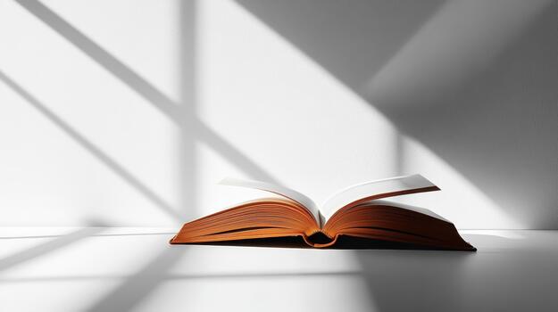 Open Hardcover Book Sits on Surface With Stark Shadow Patterns photo