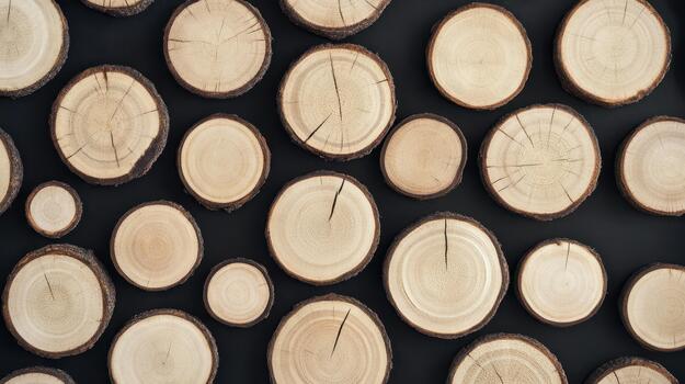 Group Of Assorted Circular Wood Slices On A Plain Dark Background photo