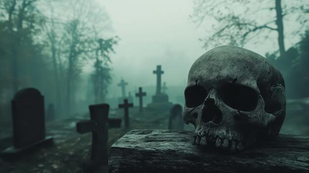 Skull Resting on Tombstone in Foggy Cemetery at Night in Eerie Setting photo