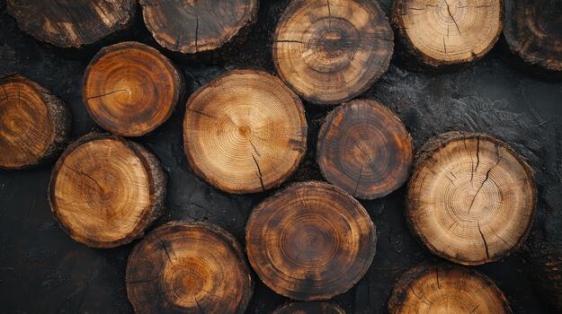 Close up of Cut Tree Trunks Showing Rings on Black Surface photo