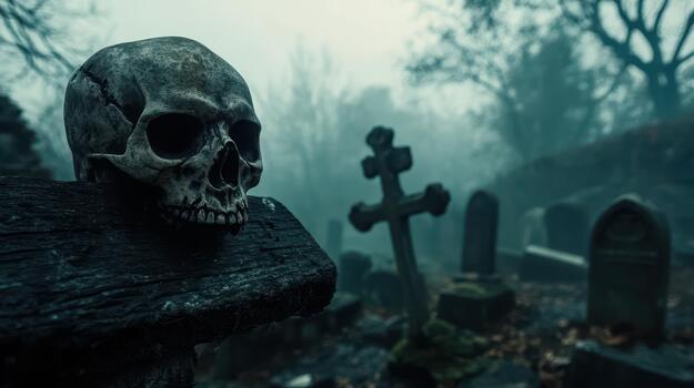 Skull Rests Atop Tombstone in Foggy Graveyard During Late Evening photo