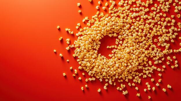 Scattered Popcorn Forms Circular Shape on Red Surface Creating an Abstract Design photo