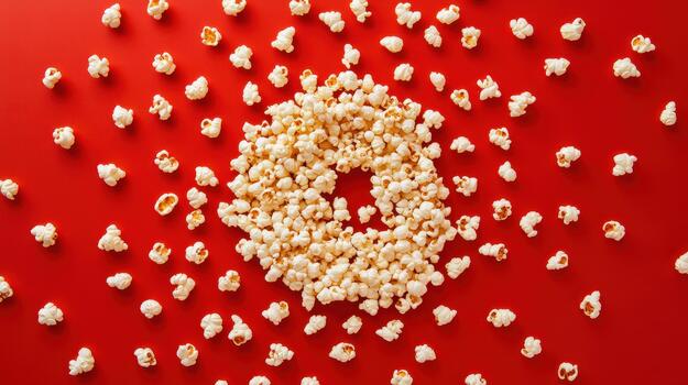 Popcorn Arranged on Red Backdrop in Ring Shape and Scattered Around photo