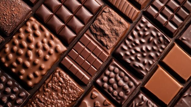 Assorted Chocolate Bars Arranged Diagonally in Dark, Rich Colors photo