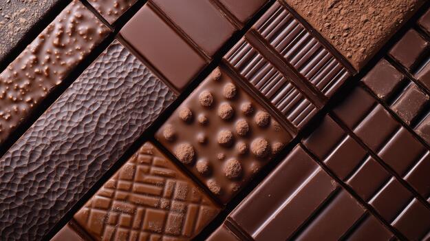 Variety of Chocolate Bars With Different Textures and Patterns Shown Closely photo