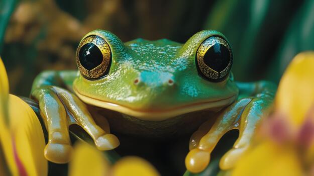 Green Tree Frog Close up in Natural Setting With Big Black Eyes photo