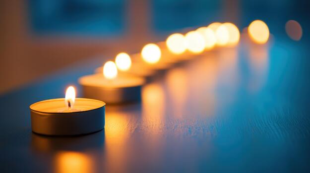 Burning Candles Sit in a Line Creating Soft Lighting photo