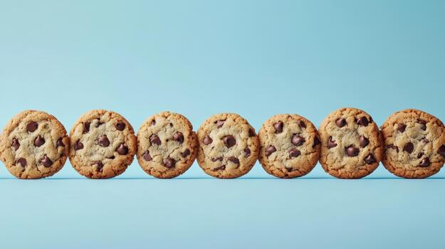 Seven Chocolate Chip Cookies Lined up on Light Blue Background photo