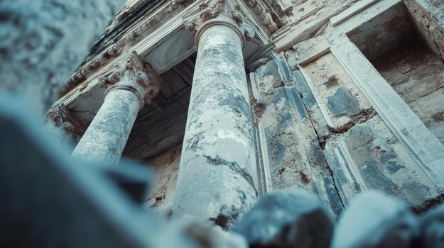 Looking Upward at Weathered Ancient Columns and Tomb in Myra, Turkey photo