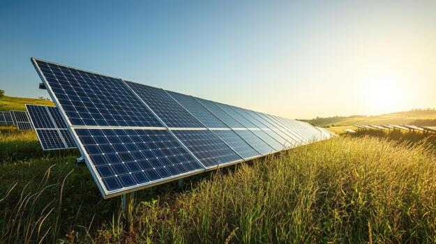 Solar Panels Array in a Field at Sunrise in the Countryside photo