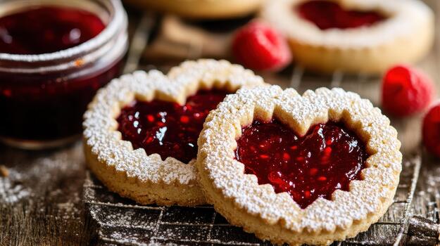 Heart Shaped Linzer Cookies Filled With Raspberry Jam photo