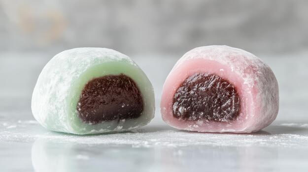 Two Delicious Mochi Desserts Filled With Sweet Red Bean Paste Sit on a Surface photo