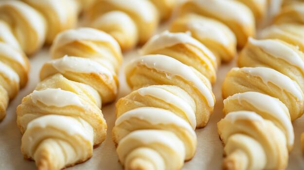Fresh Crescent Rolls With Icing Arranged on White Background photo