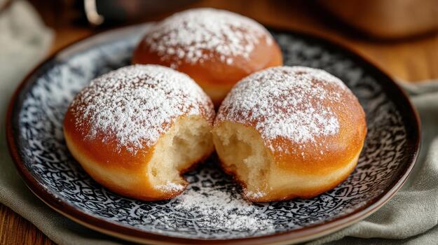 Fresh Baked Doughnuts Covered With Powdered Sugar on Patterned Plate photo