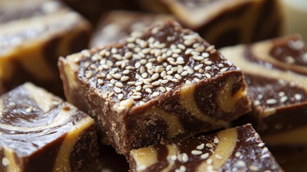 Close up of Tasty Fudge With Sesame Seeds Stacked on Top of Each Other photo