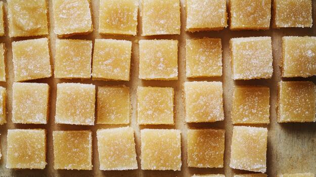 Square Candies Sit in Rows on a Table in Preparation for Snacking photo