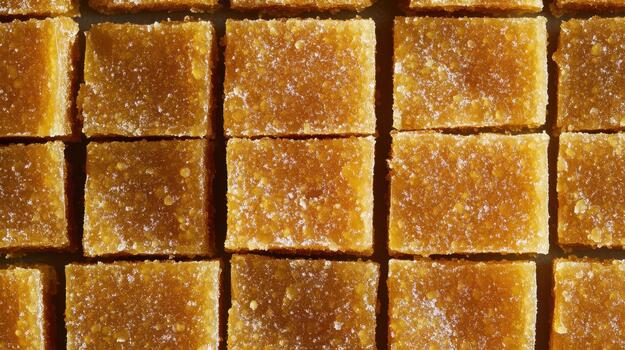 Close up of Square Mango Sweets in Geometric Arrangement Pattern photo