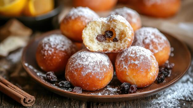 Stack of Delicious Raisin Donuts Covered in Powdered Sugar on Plate photo
