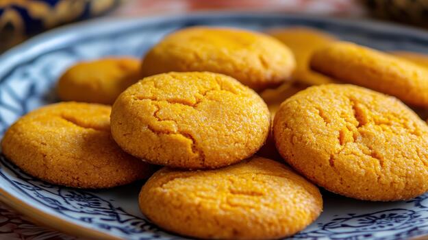 Homemade Orange Cookies Sit on a Patterned Plate photo