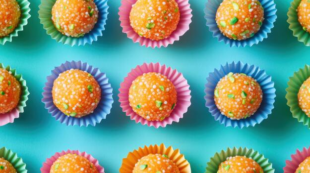 Laddu Sweets Arranged in Colorful Paper Cups on Blue Background photo