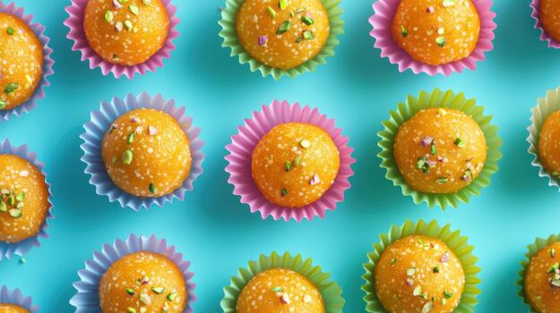 Laddu Indian Sweets Arranged on a Turquoise Surface in Colorful Liners photo