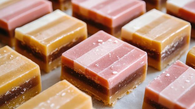 Close Up Of Small Multi Layered Sweet Candies On A Flat Surface photo