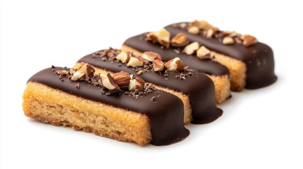 Row of Four Chocolate Dipped Shortbread Cookies With Nuts on a White Background photo