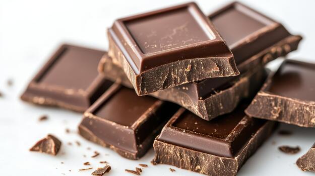 A close up of rich dark chocolate squares stacked artfully, showcasing their smooth texture and deep cocoa color. photo