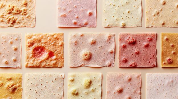 Colorful Collection of Square Wafers on Beige Surface Showcases Unique Textures photo