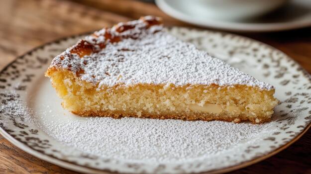 Slice of Cake With Icing Sugar Sitting on a Patterned Plate photo