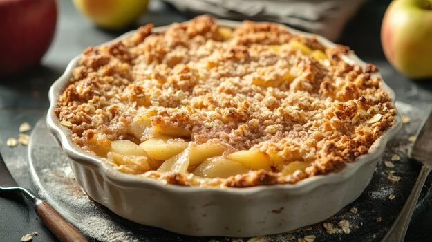 Homemade Apple Crumble Fresh From the Oven on Baking Surface photo