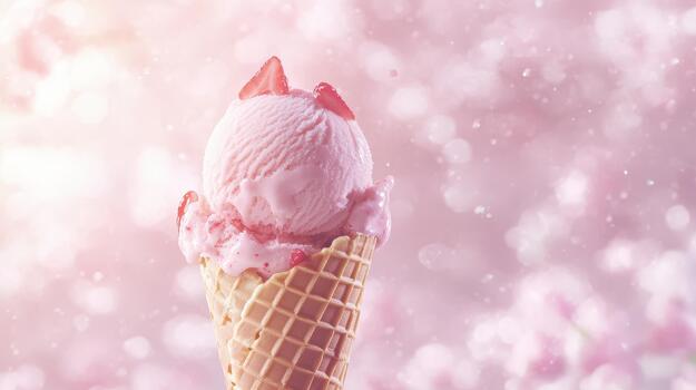 Strawberry Ice Cream Cone With Fresh Strawberries on Pink Bokeh Background photo