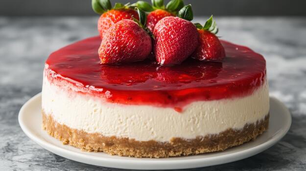 Strawberry Cheesecake With Glazed Topping and Graham Cracker Crust on Plate photo