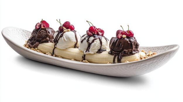 Classic Banana Split Dessert on a White Plate With Various Toppings photo