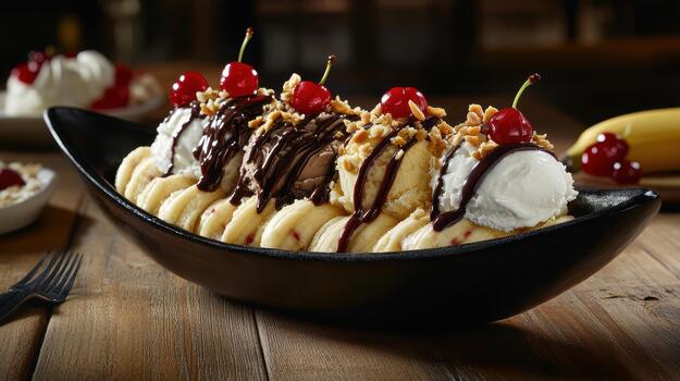 Delicious Banana Split Dessert With Cherries and Nuts on a Table photo