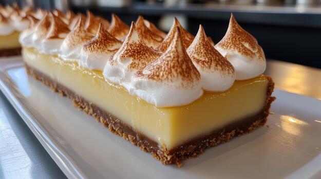 Delicious Lemon Meringue Tart on a Rectangular White Plate photo