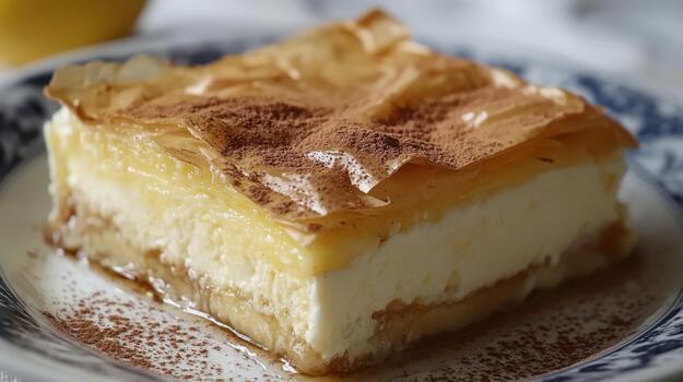 Galaktoboureko Square Dessert Topped With Cinnamon on a Patterned Plate photo