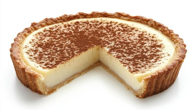 Delicious Custard Tart With Cinnamon Powder, a Slice is Missing photo