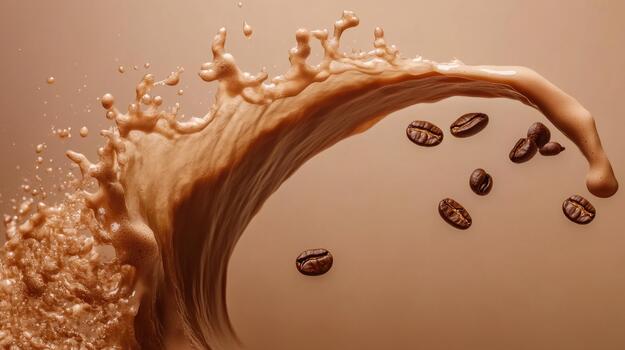 Coffee Splash and Floating Coffee Beans on Beige Background for Advertising photo